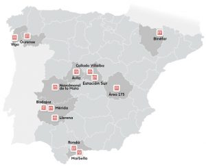 Mapa de localización de nuestras estaciones en España (Ávila, Badajoz, Binéfar, Collado Villalba, Estación Sur, Llerena, Marbella, Mérida, Navalmoral de la Mata, Ourense, Ronda y Vigo) y del área de descanso Área 175.